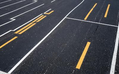 Large commercial parking lot with professional striping